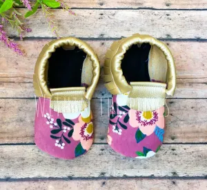 Mauve Floral Leather Fringe Moccasins