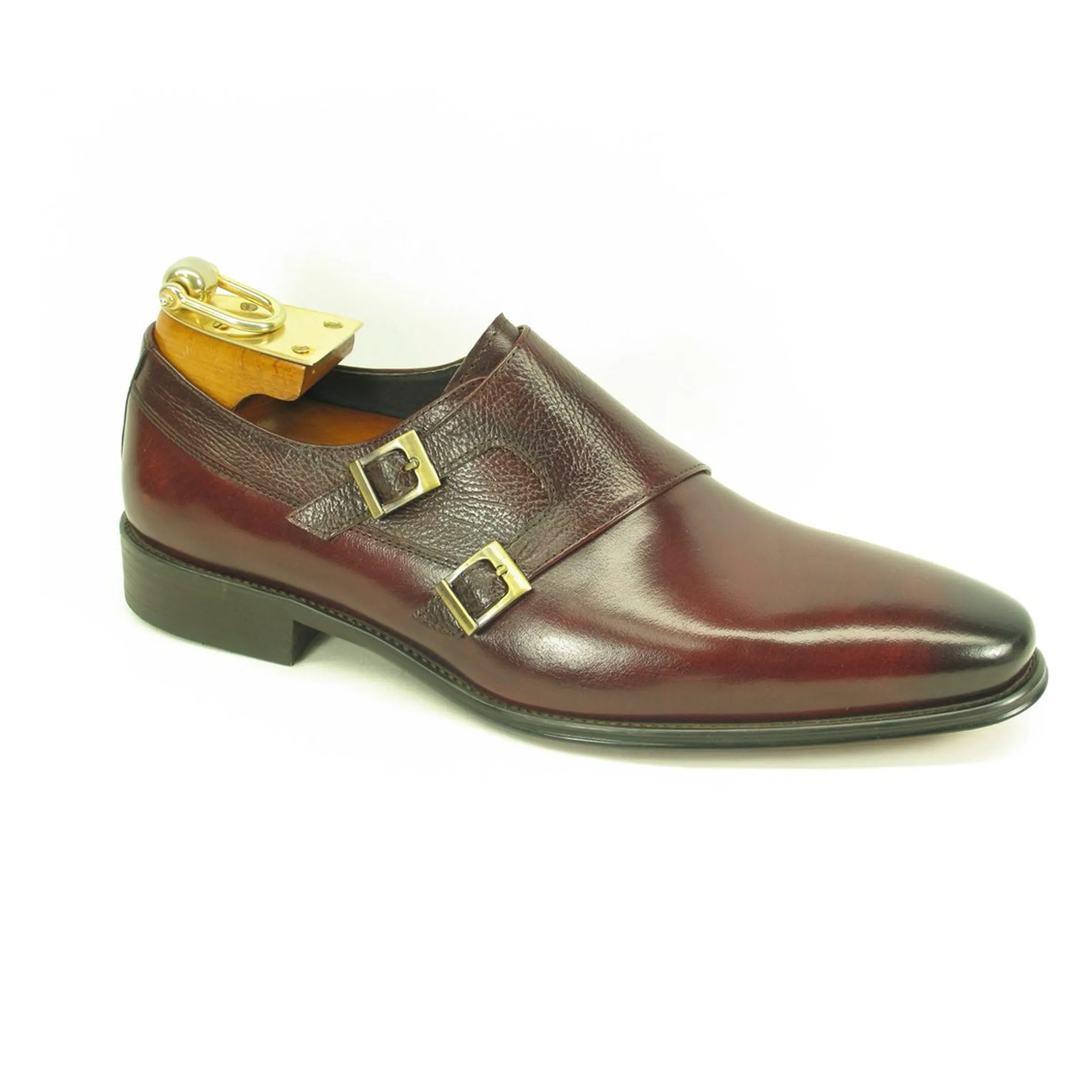 Mens Calfskin Double Buckle Monk Strap Dress Shoe in Cognac
