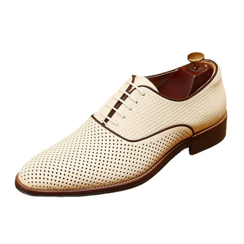 Men's Genuine Leather Oxfords Shoes White Carving Formal Luxury Shoes