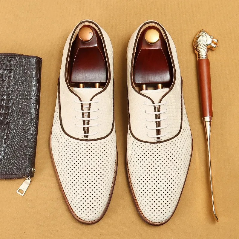 Men's Genuine Leather Oxfords Shoes White Carving Formal Luxury Shoes