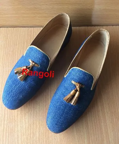 Men's Handcrafted Leather Tassel Loafers with Jeans Fabric