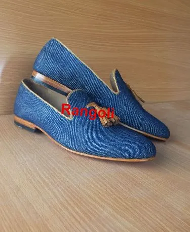 Men's Handcrafted Leather Tassel Loafers with Jeans Fabric