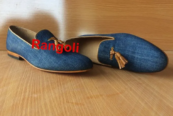 Men's Handcrafted Leather Tassel Loafers with Jeans Fabric