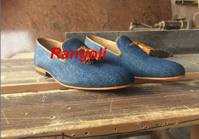 Men's Handcrafted Leather Tassel Loafers with Jeans Fabric