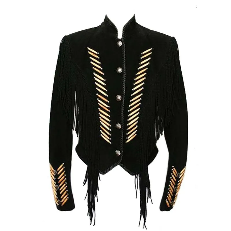 Mens New Western Cowboy Black Suede Leather Fringes Bones Warrior Jacket WFJ56