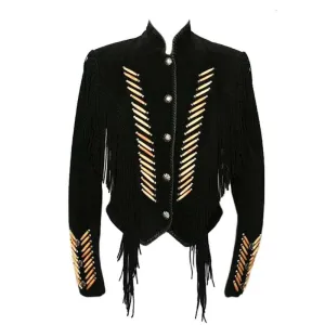 Mens New Western Cowboy Black Suede Leather Fringes Bones Warrior Jacket WFJ56