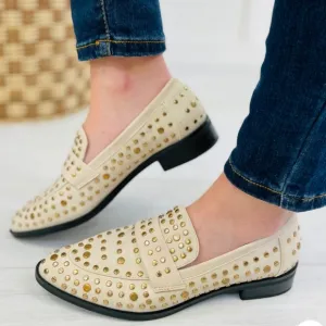 NEW Shu Shop Titina Cream and Gold Studded Loafer Size 10