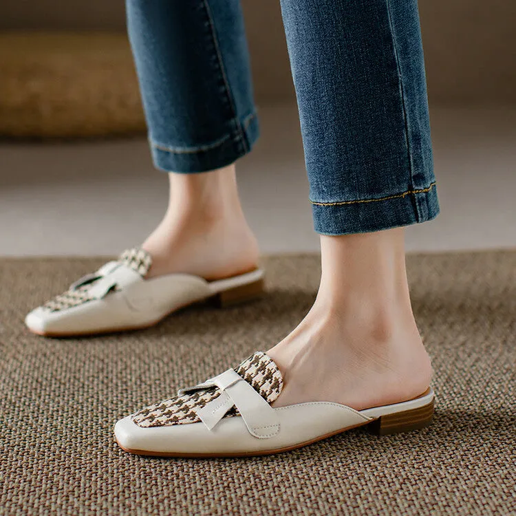 Off-White Beige Brown Butterfly Knot Loafer Mules #001087