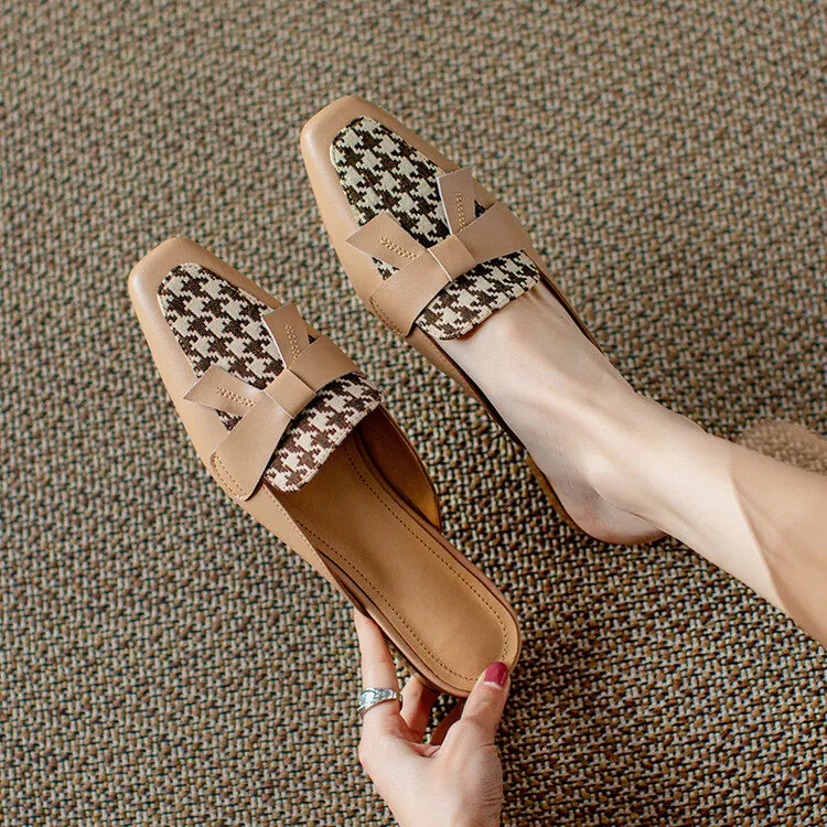 Off-White Beige Brown Butterfly Knot Loafer Mules #001087