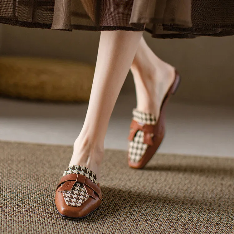 Off-White Beige Brown Butterfly Knot Loafer Mules #001087