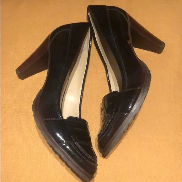 Patent Leather Burgundy Penny Loafer Heel Pumps
