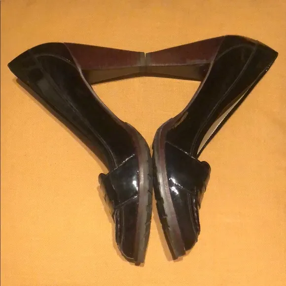 Patent Leather Burgundy Penny Loafer Heel Pumps