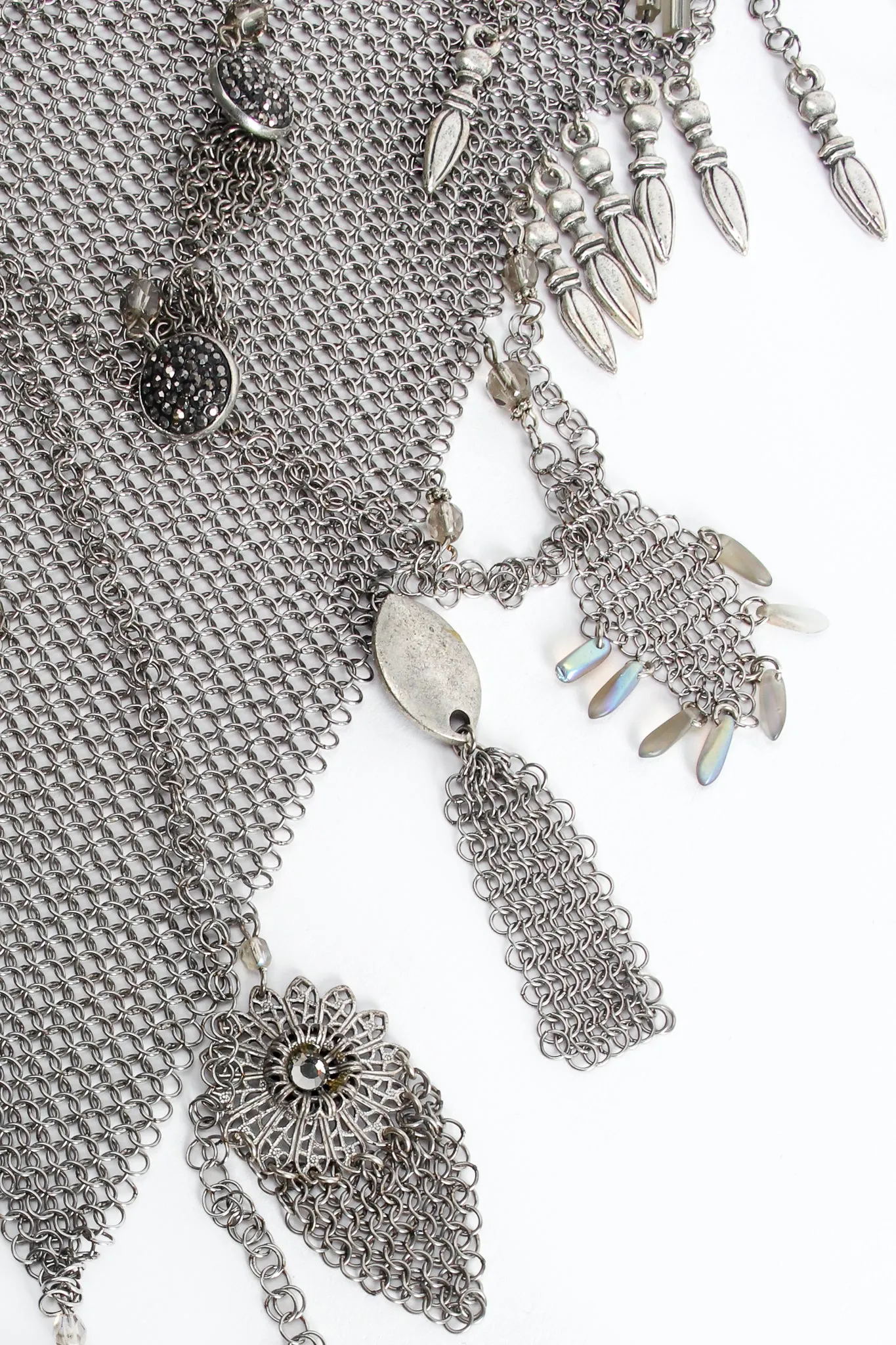 Pewter Ring Mesh Waterfall Charm Scarf Bib Necklace
