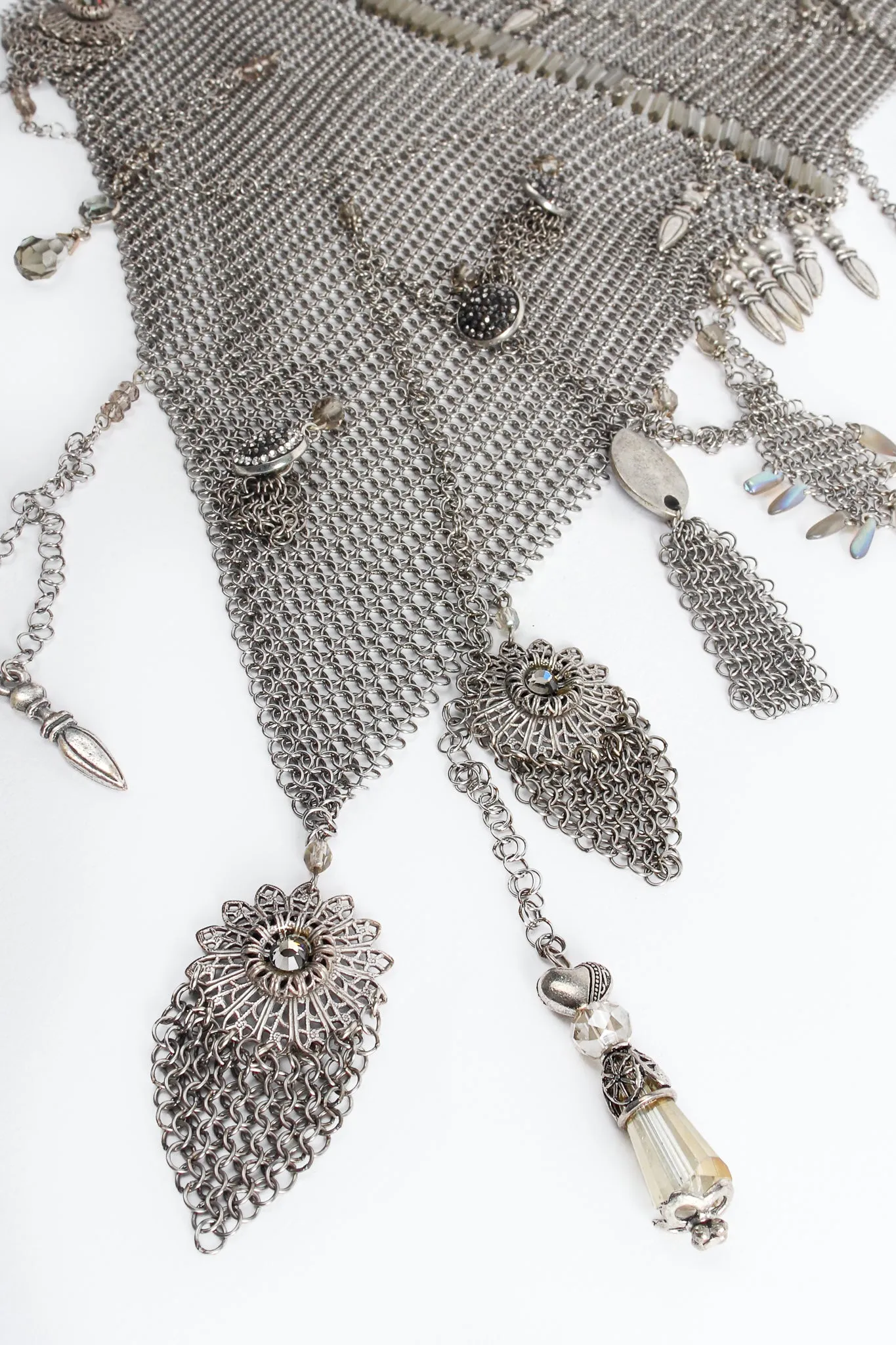 Pewter Ring Mesh Waterfall Charm Scarf Bib Necklace