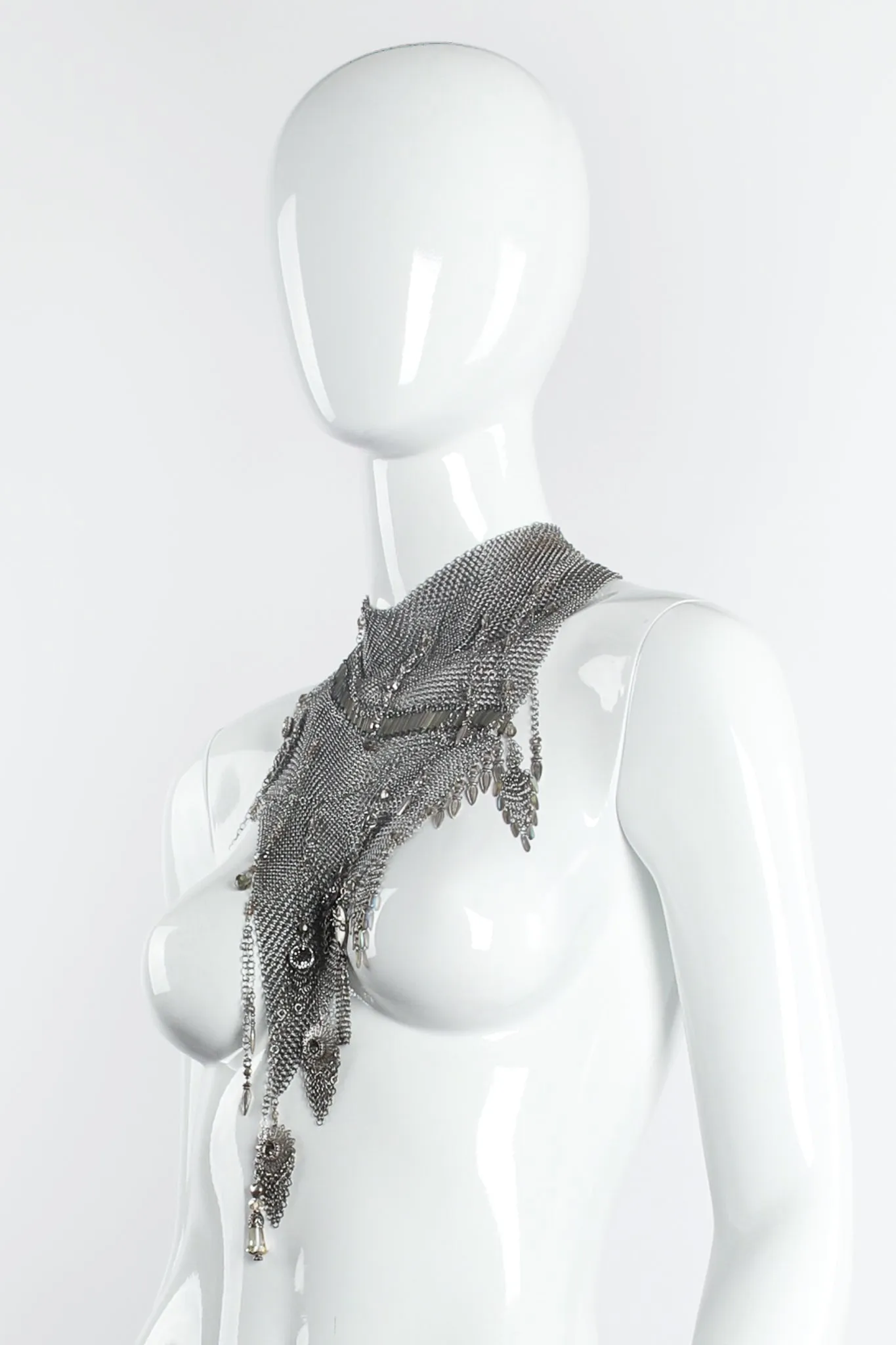 Pewter Ring Mesh Waterfall Charm Scarf Bib Necklace