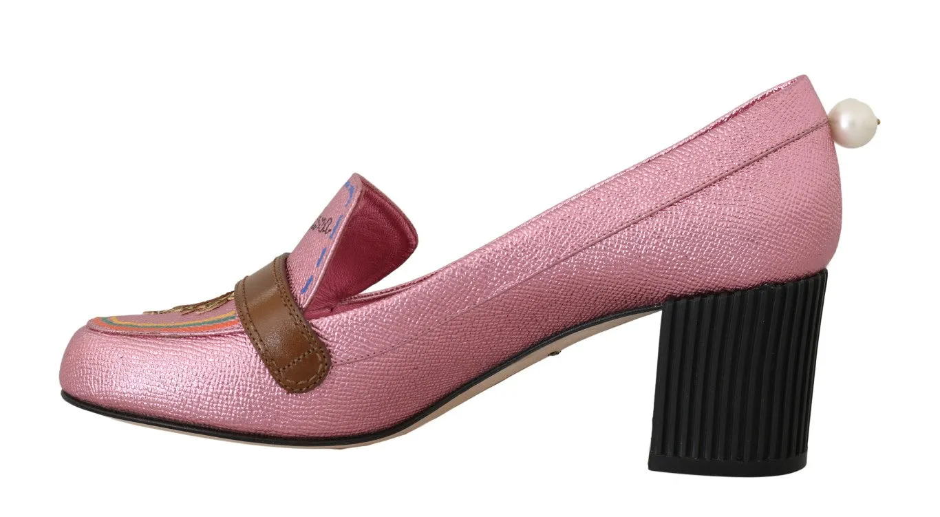 Pink Leather Heart Moccasins Heels
