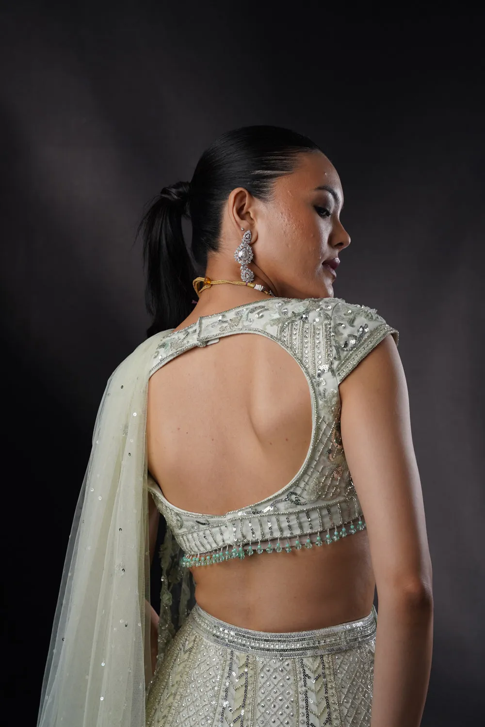 "Emily" Seagreen Organza Applique Lehenga Set With Drape