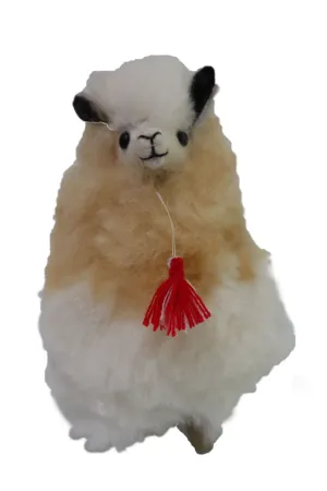 Real Fur Llama Figurine, Stuffed Llama 6.5" Inch. Camel & White Color.