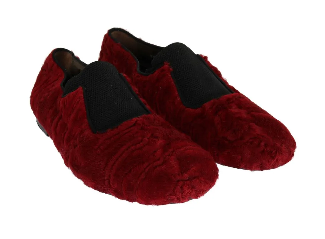 Red Leather Lamb Fur Loafers