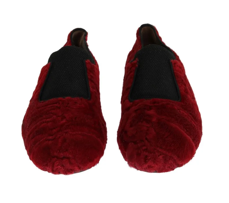 Red Leather Lamb Fur Loafers