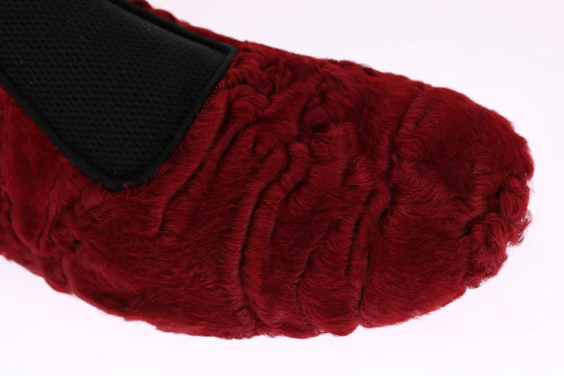 Red Leather Lamb Fur Loafers