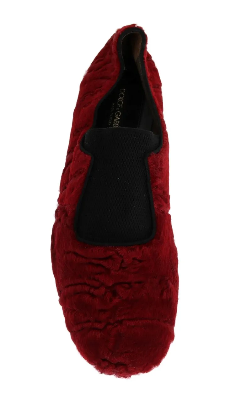 Red Leather Lamb Fur Loafers