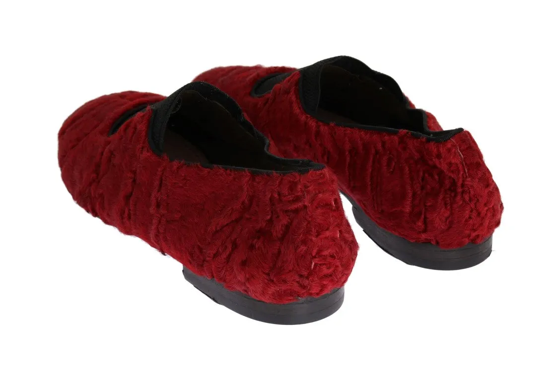 Red Leather Lamb Fur Loafers