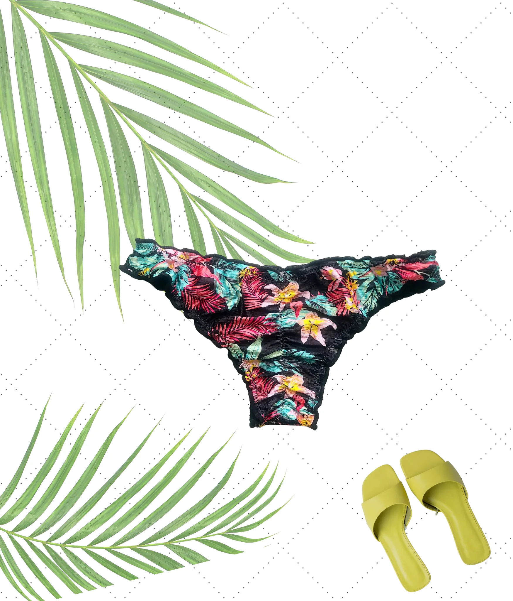 Ruffled Black Floral Thong Bikini Set