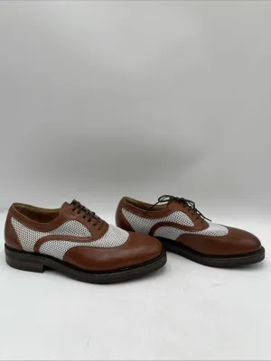 Salvatore Ferragamo Brown Leather/White Fabric Round Toe Lace Up Oxfords Men 6EE - Very Good