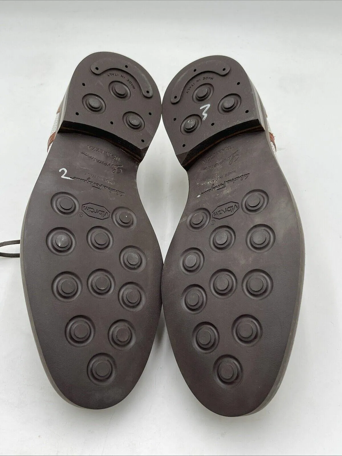 Salvatore Ferragamo Brown Leather/White Fabric Round Toe Lace Up Oxfords Men 6EE - Very Good