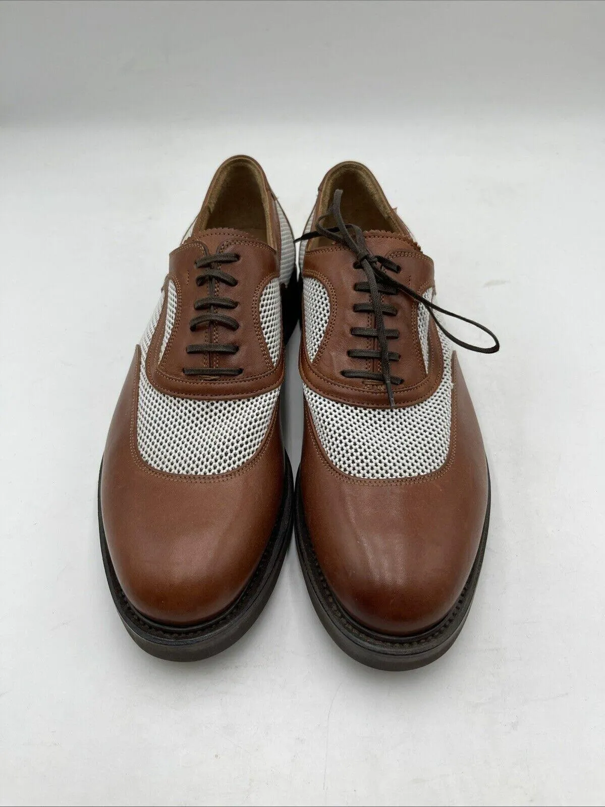 Salvatore Ferragamo Brown Leather/White Fabric Round Toe Lace Up Oxfords Men 6EE - Very Good