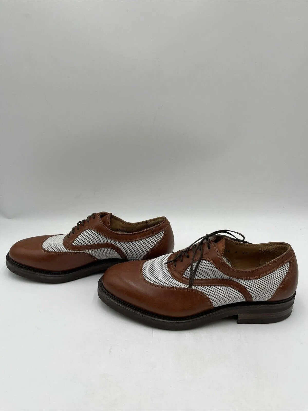 Salvatore Ferragamo Brown Leather/White Fabric Round Toe Lace Up Oxfords Men 6EE - Very Good