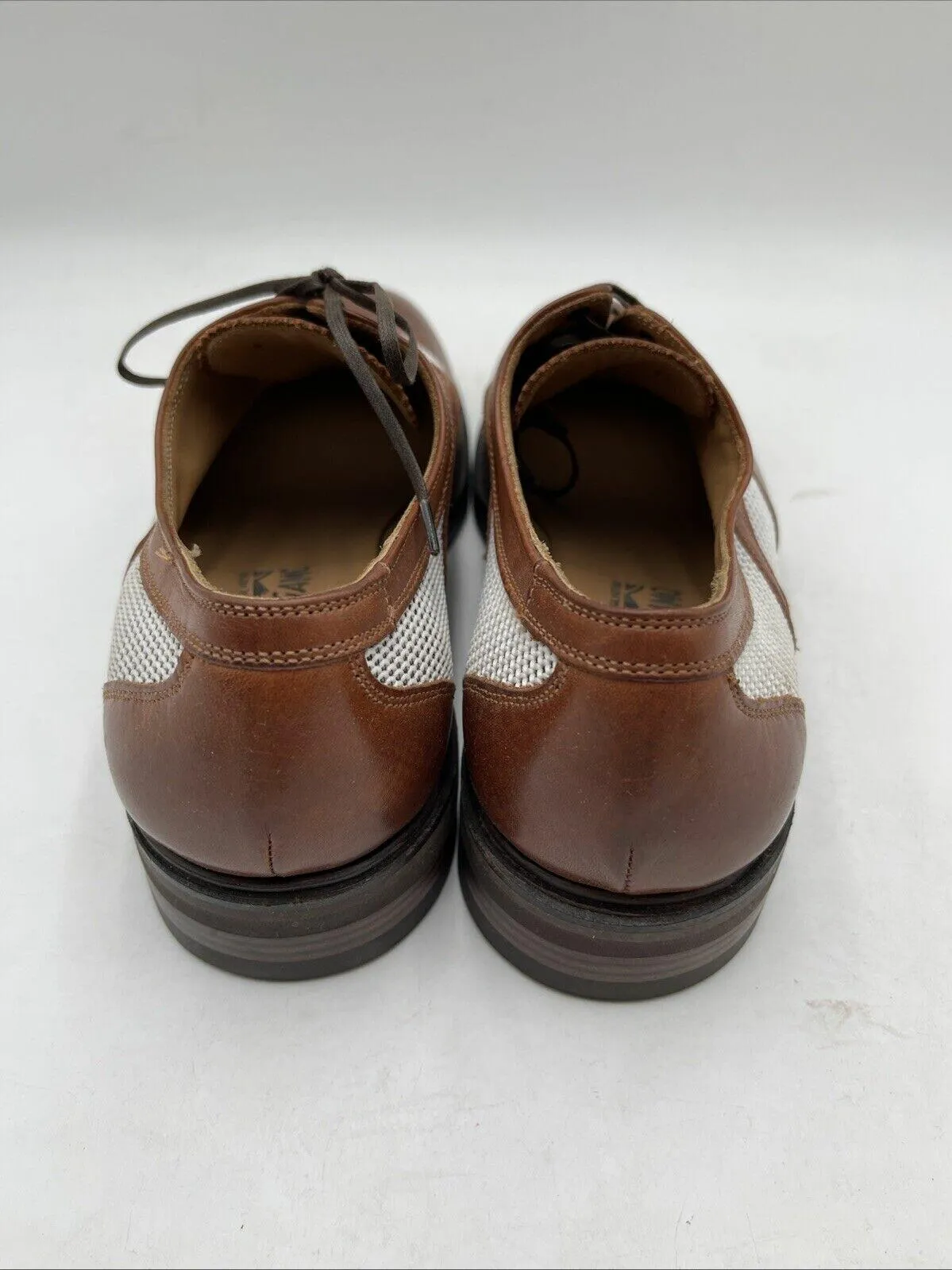 Salvatore Ferragamo Brown Leather/White Fabric Round Toe Lace Up Oxfords Men 6EE - Very Good