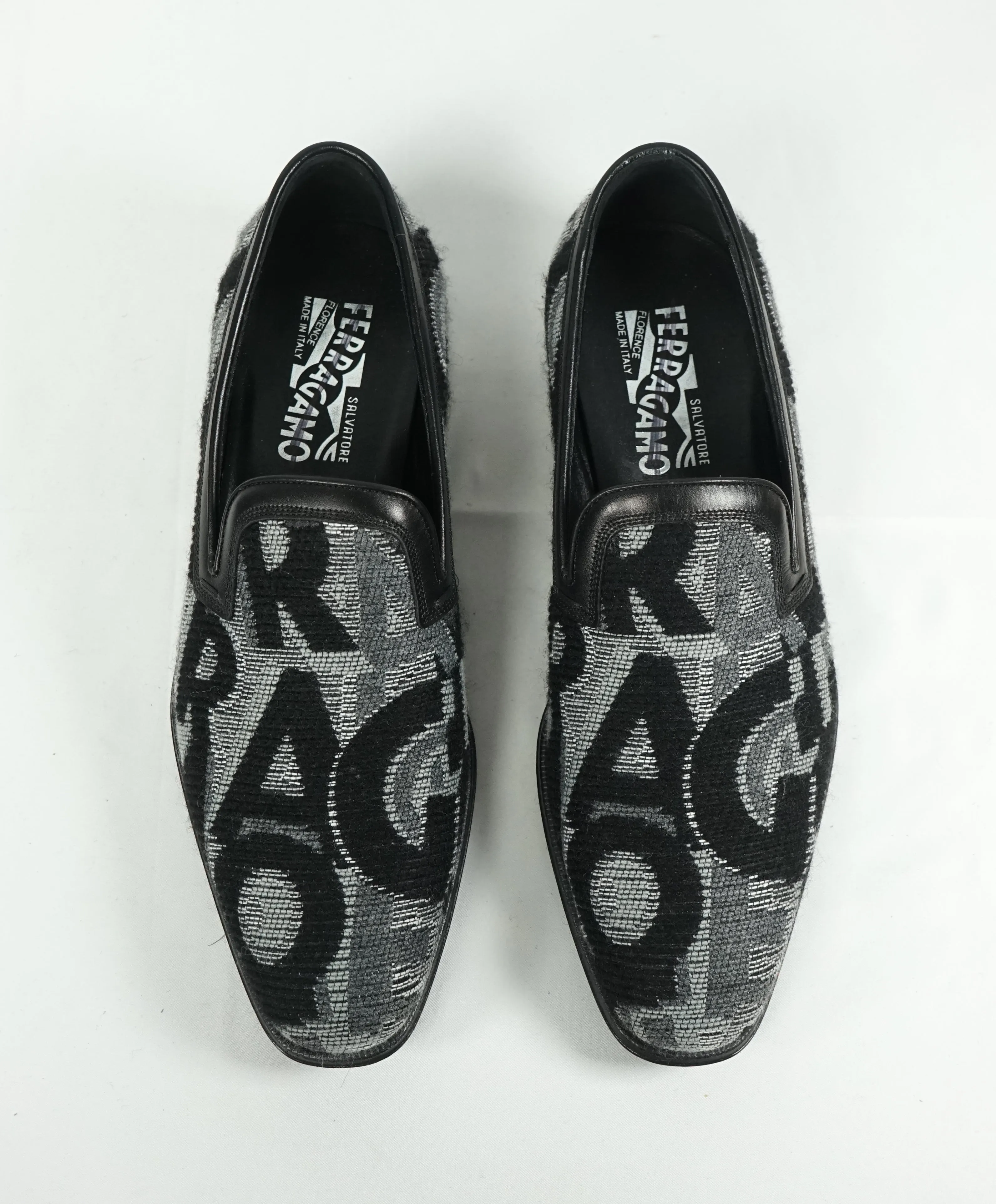 SALVATORE FERRAGAMO -LOGO Monogram Wool Leather Slip On Smoking Loafers - 7 EE