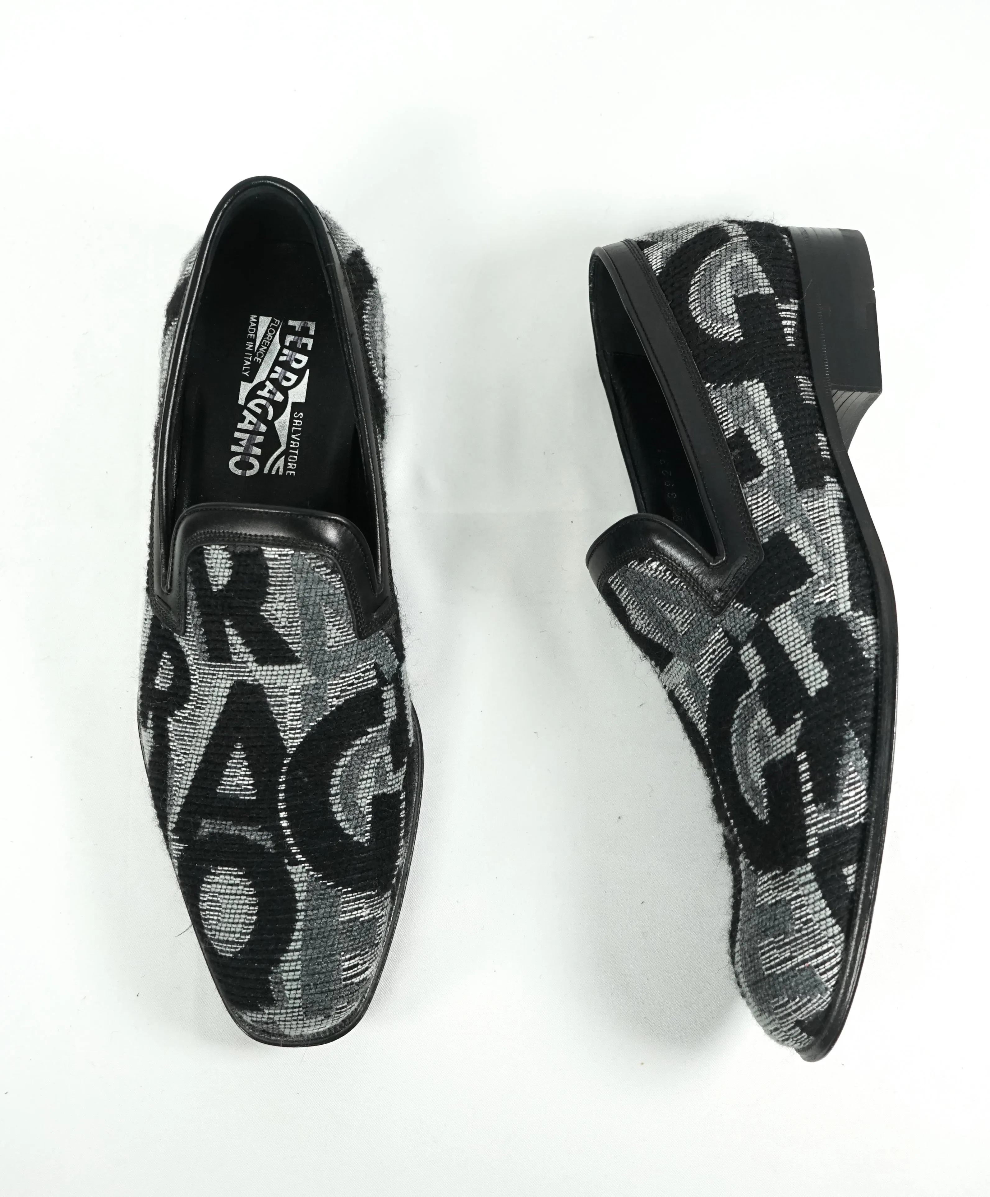 SALVATORE FERRAGAMO -LOGO Monogram Wool Leather Slip On Smoking Loafers - 7 EE