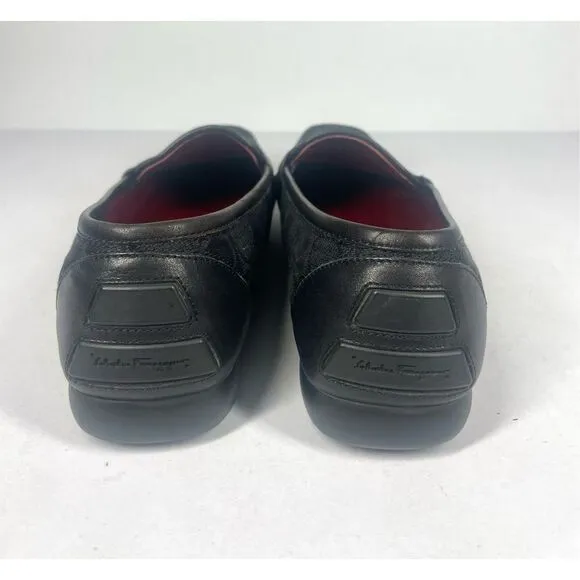 Salvatore Ferragamo Sport Black Jacquard Leather Trim Penny Loafer Women 8.5