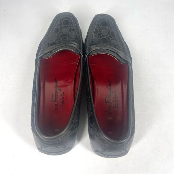 Salvatore Ferragamo Sport Black Jacquard Leather Trim Penny Loafer Women 8.5