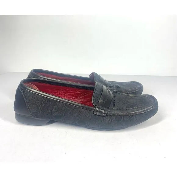 Salvatore Ferragamo Sport Black Jacquard Leather Trim Penny Loafer Women 8.5