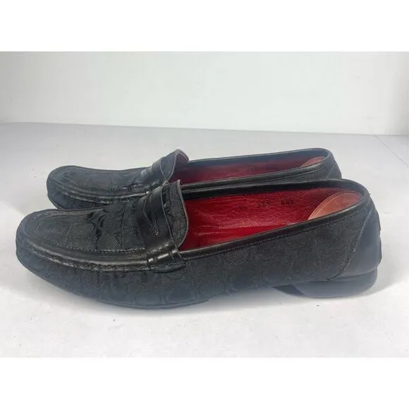 Salvatore Ferragamo Sport Black Jacquard Leather Trim Penny Loafer Women 8.5