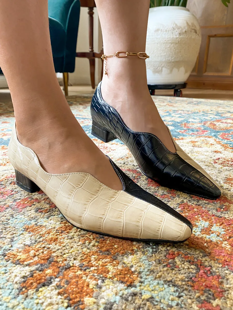 Scalloped Edges Croc-Embossed Leather Mid Heel Round Toe Pumps - Beige