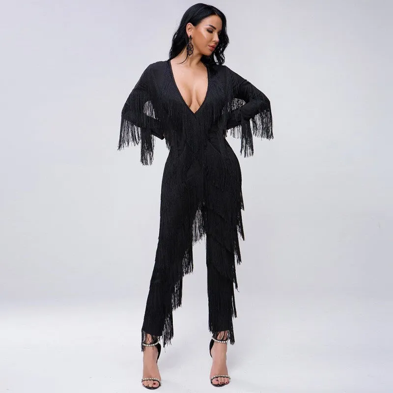 sd-hk Dark V Neck long Sleeve Jumpsuit With Tassels