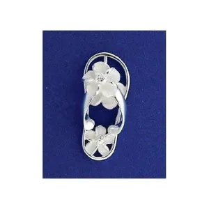 SILVER 925 HAWAIIAN SLIPPER FLIP FLOP THONG PENDANT 3 PLUMERIA FLOWER CZ