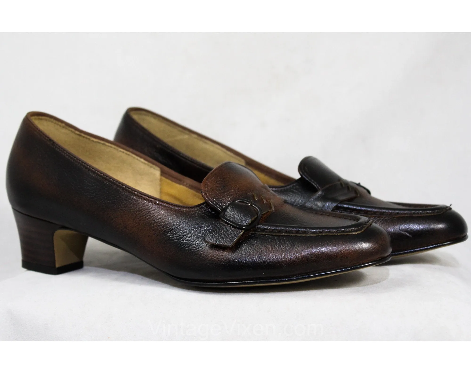 Size 7 Leather Loafers - Unworn Dark Brown Black 60s Shoes - 1960s Mod Casual Buckled Loafer - Antique Style - 7C Wide Width 60s Deadstock
