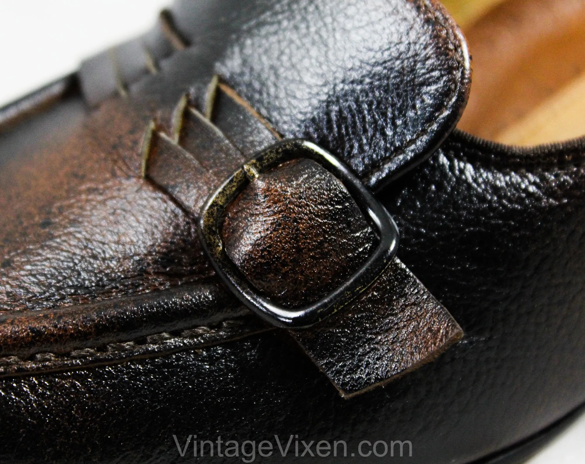 Size 7 Leather Loafers - Unworn Dark Brown Black 60s Shoes - 1960s Mod Casual Buckled Loafer - Antique Style - 7C Wide Width 60s Deadstock