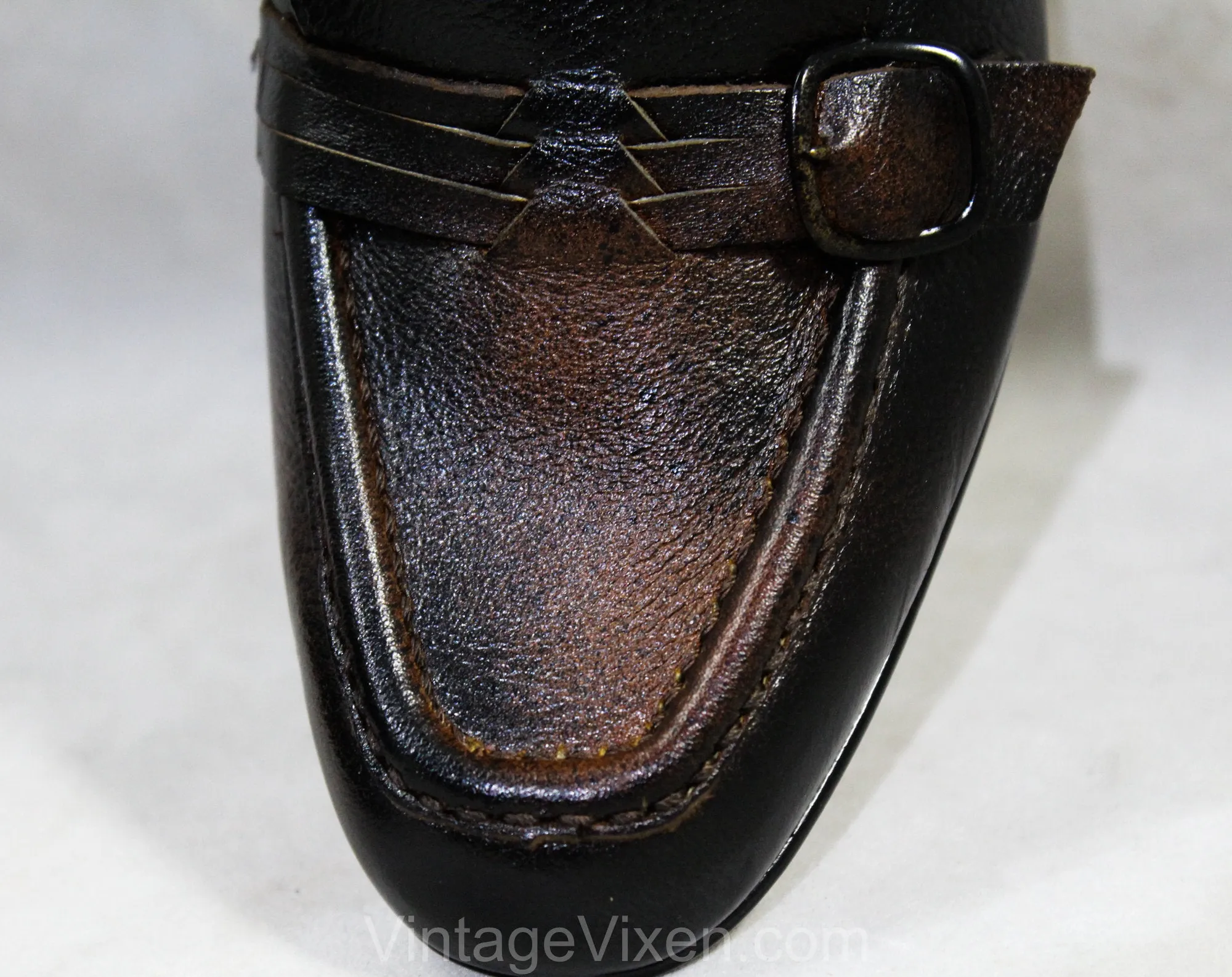 Size 7 Leather Loafers - Unworn Dark Brown Black 60s Shoes - 1960s Mod Casual Buckled Loafer - Antique Style - 7C Wide Width 60s Deadstock