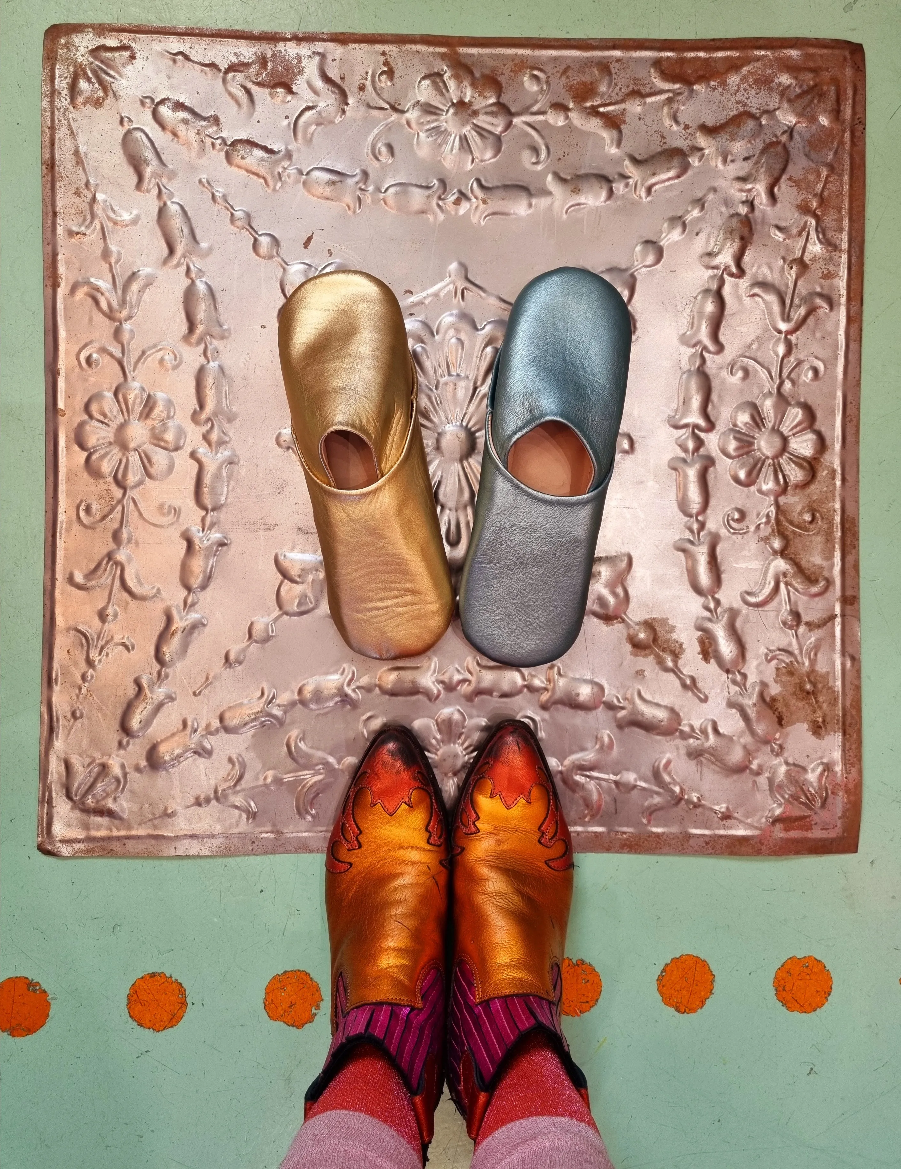 Soft leather metallic slippers .. size 40