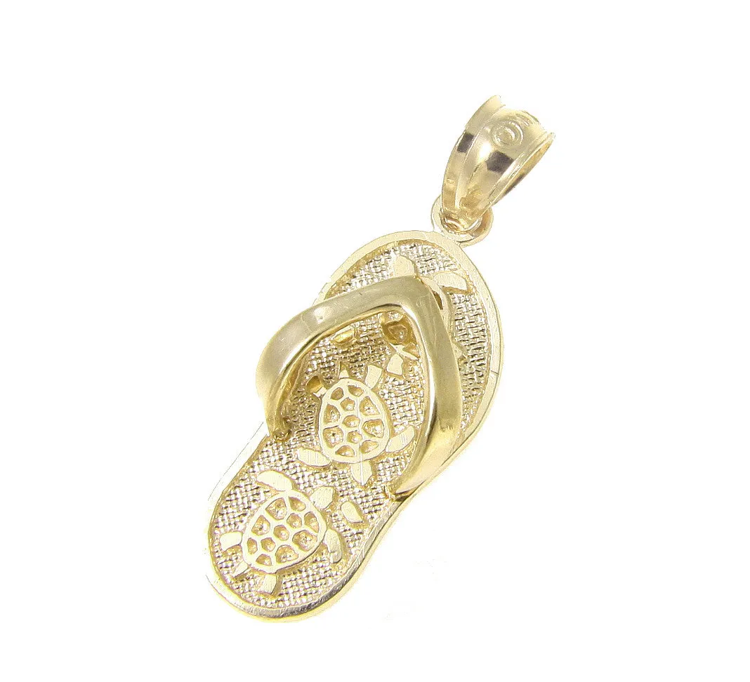 SOLID 14K YELLOW GOLD HAWAIIAN SLIPPER FLIP FLOP THONG HONU TURTLE CHARM PENDANT