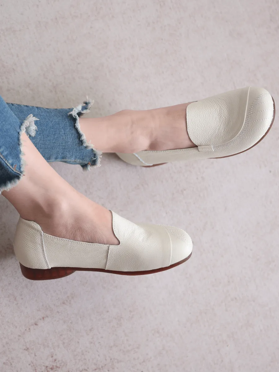 Stitching Header Leather Loafer - Cream