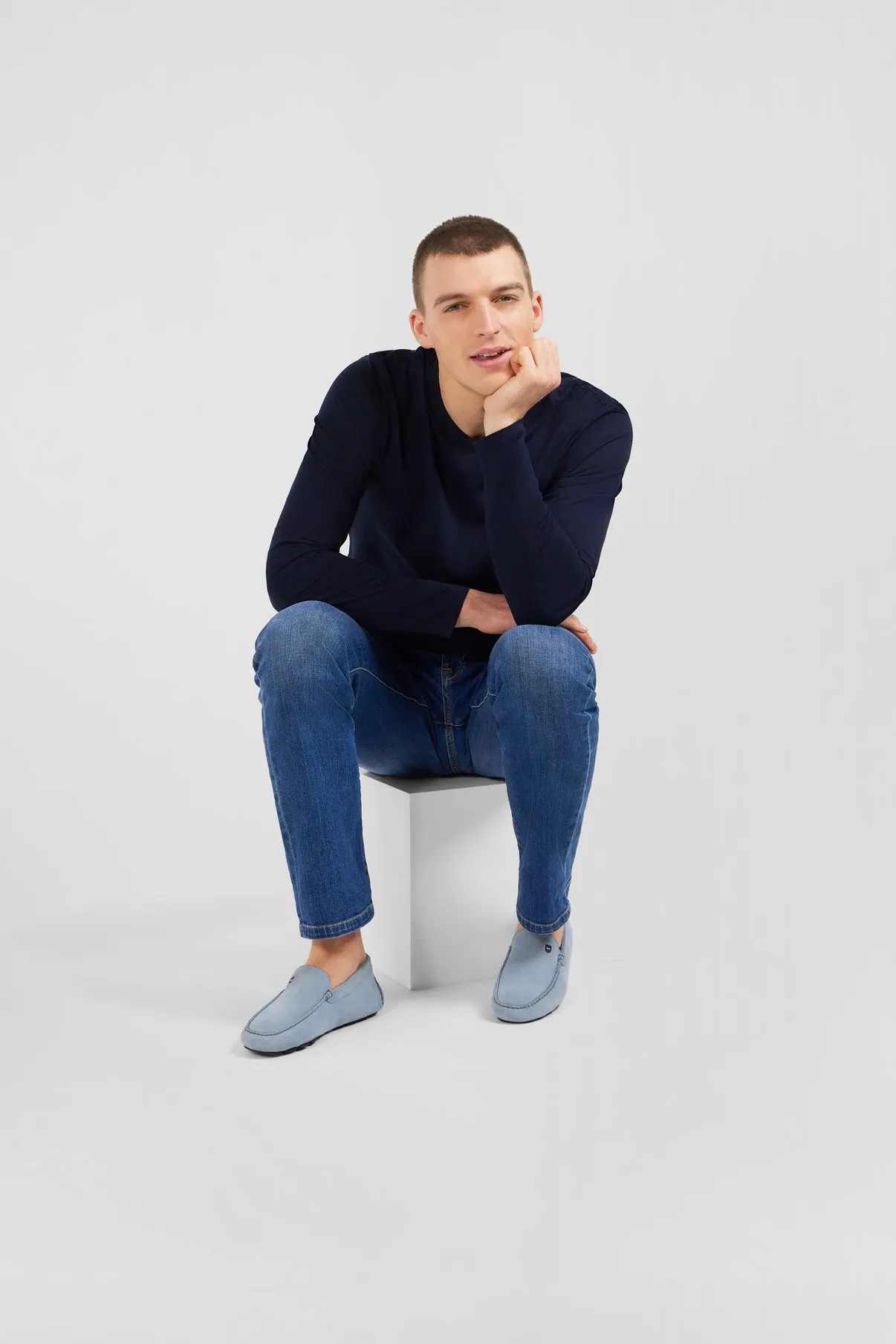 Suede Leather Moccasins in Sky Blue