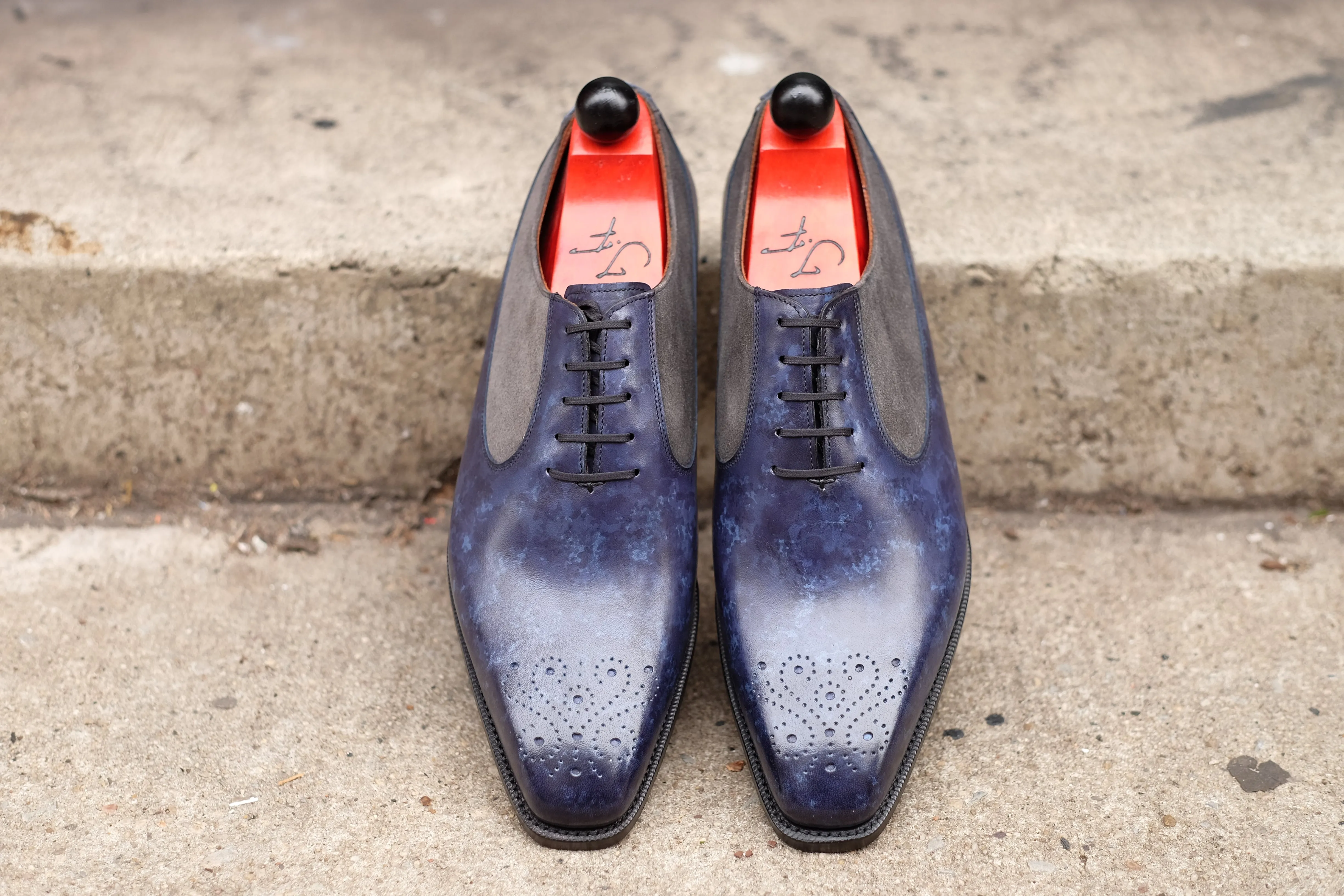 Tacoma - MTO - Navy Marble Patina/Mid Grey Suede - LPB Last - Single Leather Sole